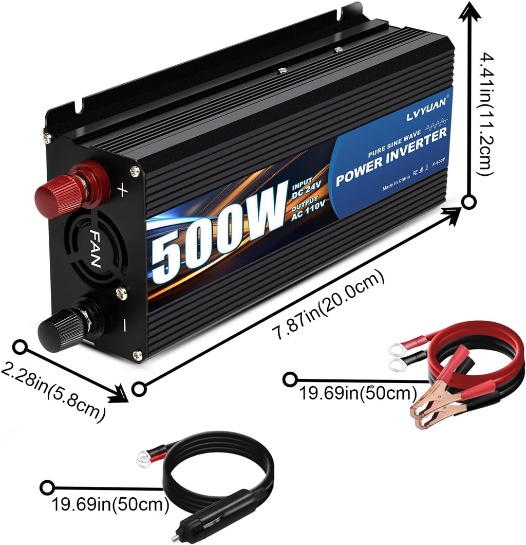 LVYUAN 500 Watt Pure Sine Wave Power Inverter 24V to 110V/120V DC to AC Converter with Dual Sockets, Dual USB Ports, LED Display for Home Outdoor RV Car Power Inverter Power Adapter
