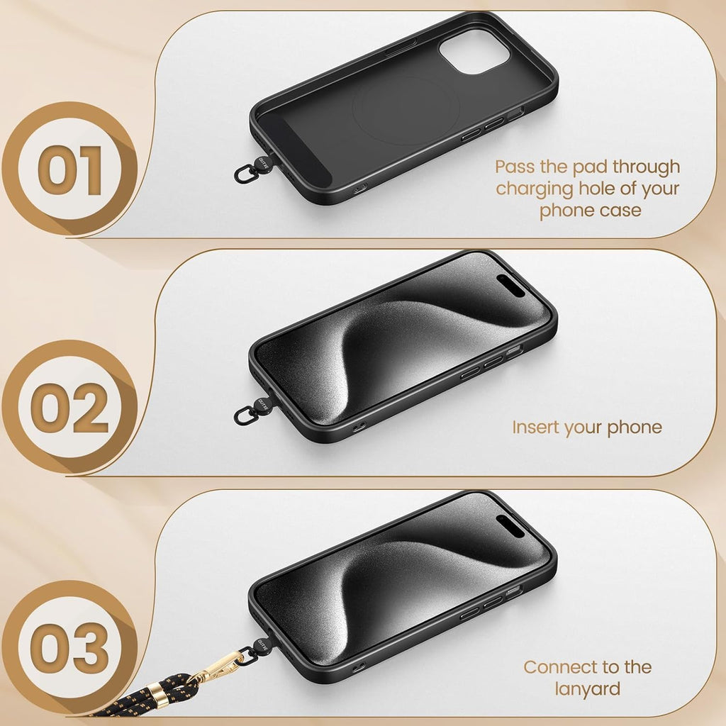 OUTXE Phone Tether Tab Rotatable 360°, 4 Pack TPU Phone Lanyard Patch for Phone Strap Compatible iPhone & Other Cell Phone Black