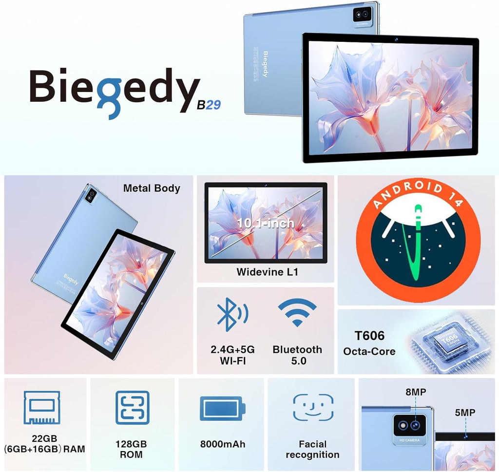 Android Tablet with Keyboard, 10 inch Android 14 Tablets 22GB+128GB, Octa-Core CPU, 8000mAh, HD IPS Display, 5G WiFi, BT 5.0, GPS, Widevine L1, 1TB Expandable, Mouse, Split Screen, Metal Body -Blue