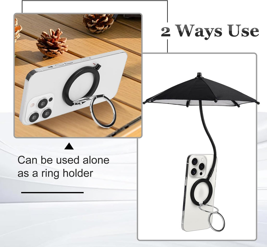 Magnetic Umbrella Phone Stand for Sun Protection,Adjustable Sun Shade Shield for iPhone 16/15/14/13/12 Pro Max,Samsung & Google,Detachable Ring Stand,Heat-Resistant Design,Car Mount Compatible, Black