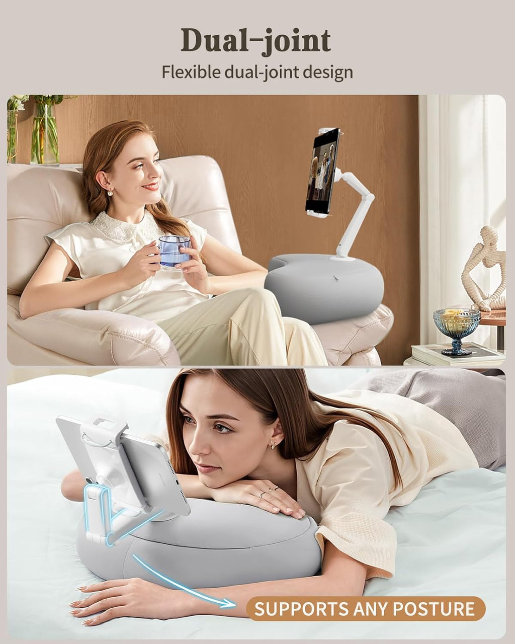 SAIJI Kindle Pillow Stand, iPad Stand Compatible with 4.7”-15.6” Kindle, Phone, iPad, 360° Adjustable Tablet Holder for Bed with Flexible Dual Axis Arm and Microbead Cushion (Gray)