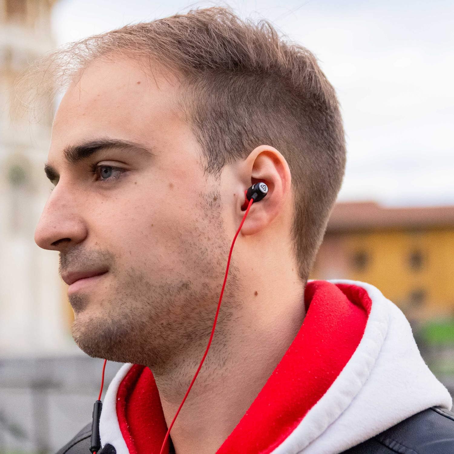 LUDOS Clamor Wired Earbuds in-Ear Headphones, 5 Years Warranty, Earphones with Microphone, Noise Isolating Ear Buds, Memory Foam for iPhone, Samsung, School Students, Kids, Women, Small Ears - Red
