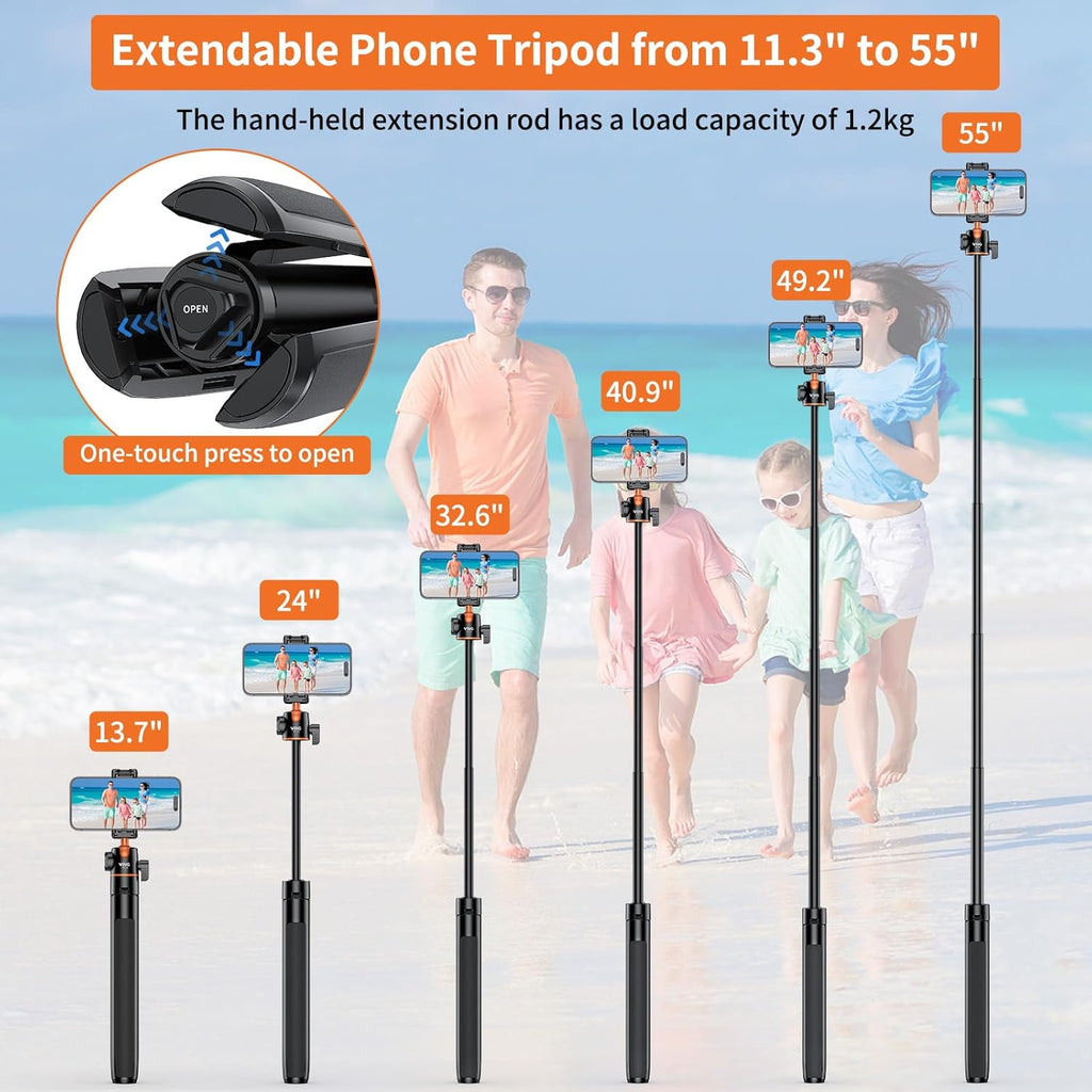 VRIG TP16 Camera Tripod, 55 inch Extendable Phone Selfie Stick Camera Tripod Stand with 2 in 1 Phone Clip, 5 Levels Adjustment 360° Ball Head Loads Up for Pocket 3 Insta360 X5 iPhone Sony Canon