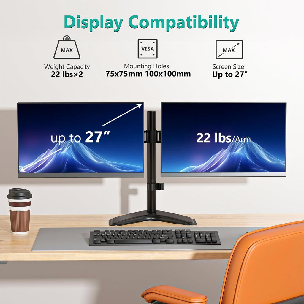 WALI Dual Monitor Stand for Desk, Monitor Stands for 2 Monitors up to 27 inch, Dual Monitors Mount Fits up to 22lbs, Free Standing Full Motion Dual Monitors Arm for Desk (MF002), Black