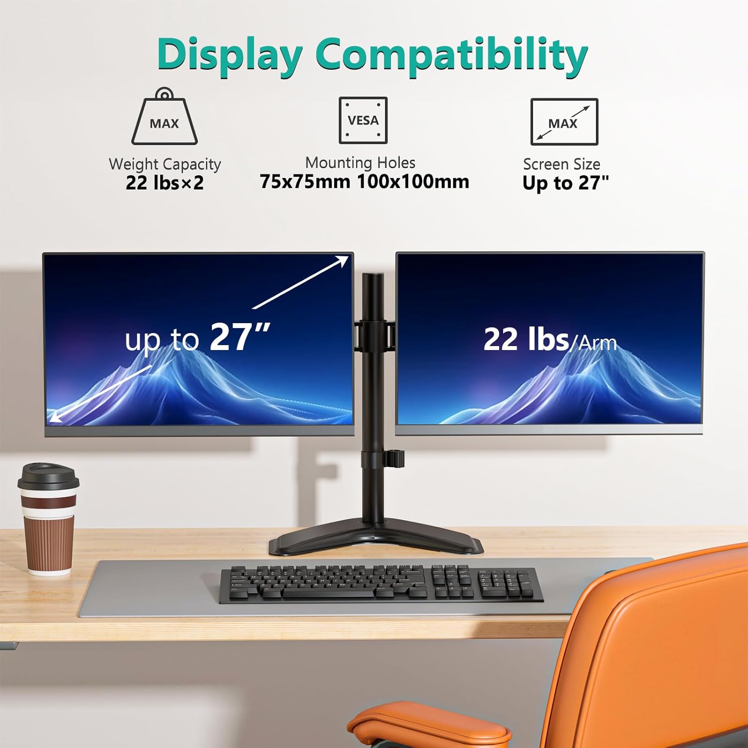 WALI Dual Monitor Stand for Desk, Monitor Stands for 2 Monitors up to 27 inch, Dual Monitors Mount Fits up to 22lbs, Free Standing Full Motion Dual Monitors Arm for Desk (MF002), Black