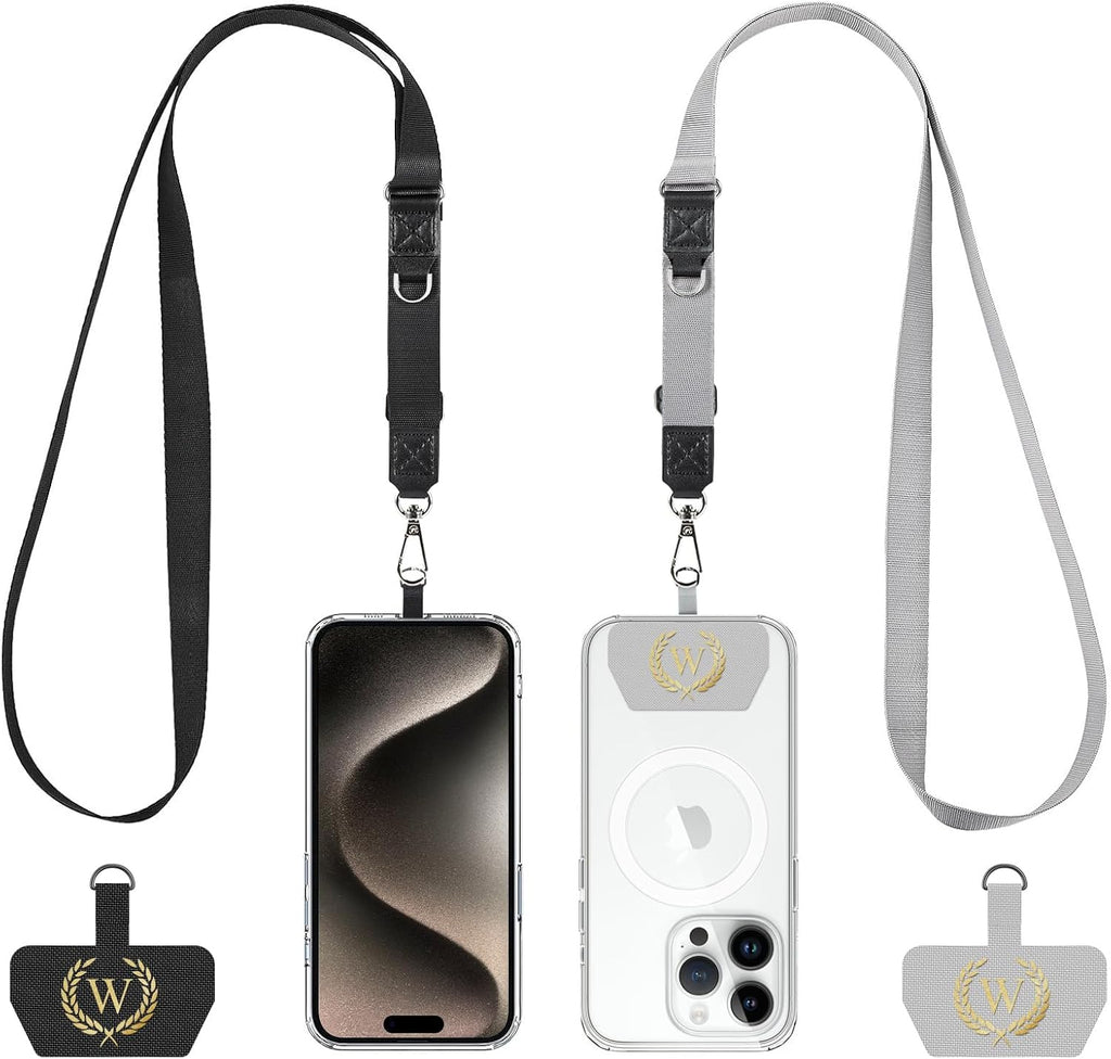 Phone Lanyard 2 Pack, Adjustable Cell Phone Multifuctional Patch Lanyards,Compatible with Most Smartphones and Wallets Keys ID Badges Travel Essentials(Black+Gray) (Lanyard Letter Sign W)