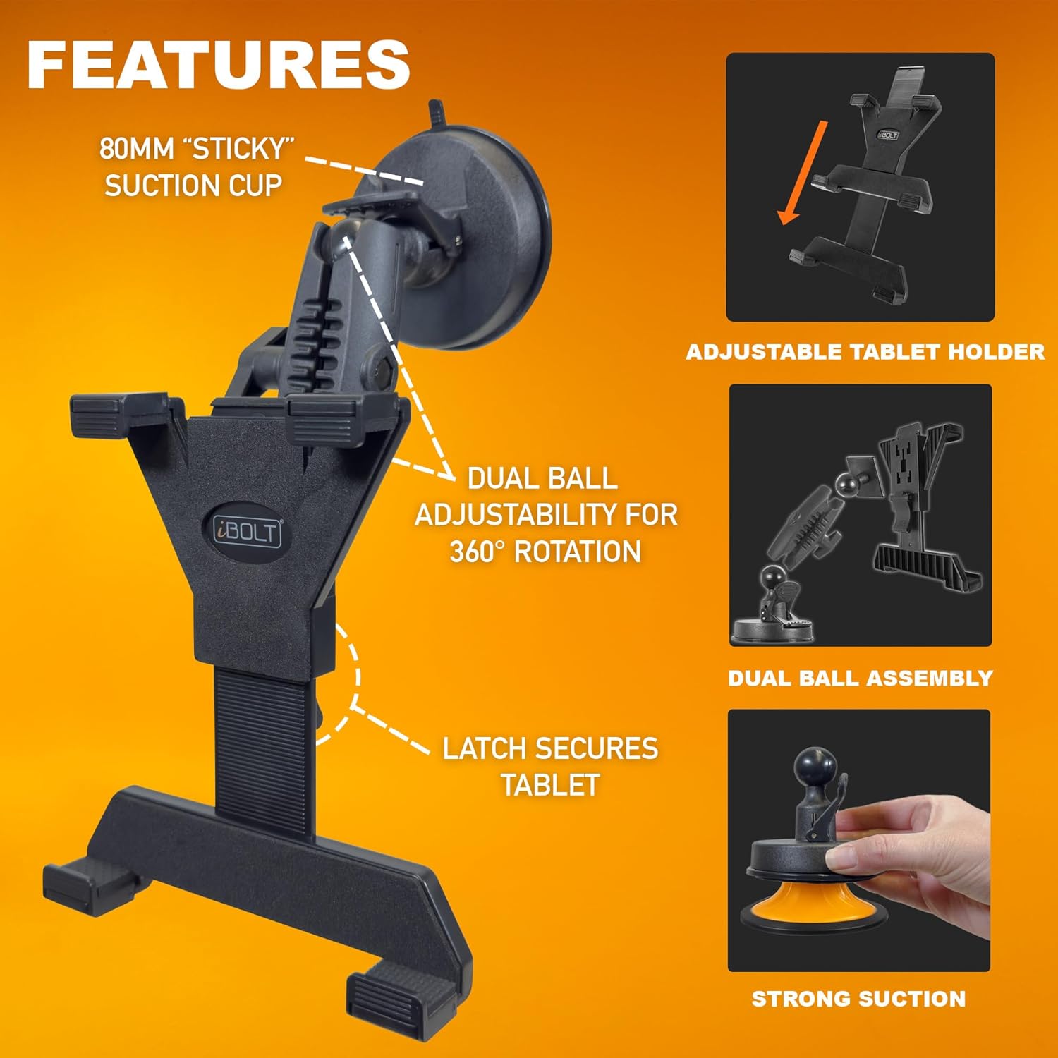 iBolt Tabdock BizMount -Holder/Mount with Suction Cup Base- for Your Windshield, Dashboard, or Desk - Compatible with All 7"-10" Tablets: iPad, Samsung Galaxy Tab, Google Nexus