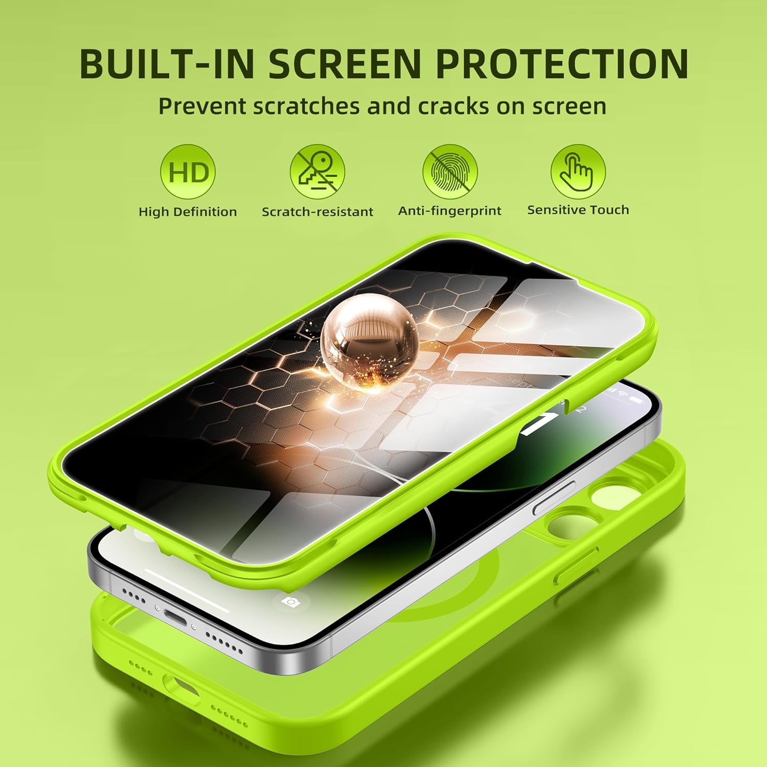 BERFY Magnetic for iPhone 14 Pro Max Case,Compatible with MagSafe,Built-in Privacy Screen Protector and Upgraded Camera Protection,Anti-Spy Full Body Shockproof Phone Case for 14 Pro Max, Bright Green
