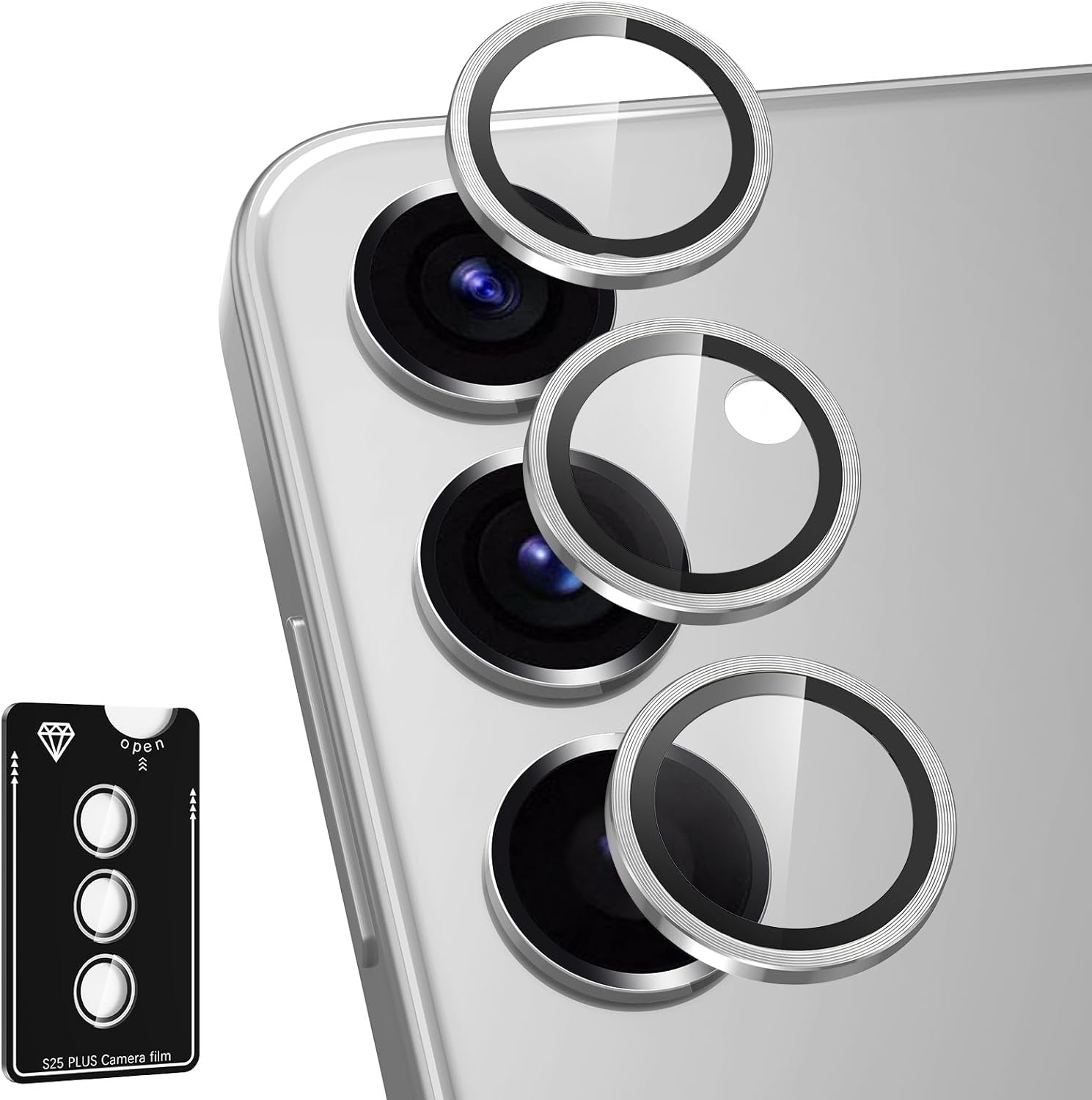 for Samsung Galaxy S25 Plus Camera Lens Protector, Individual Metal Ring Tempered Glass Lens Cover, [Strong Adsorption] Scratch Resistant Ultra-Thin HD Clear Lens Cover, 1 Set-Silvery