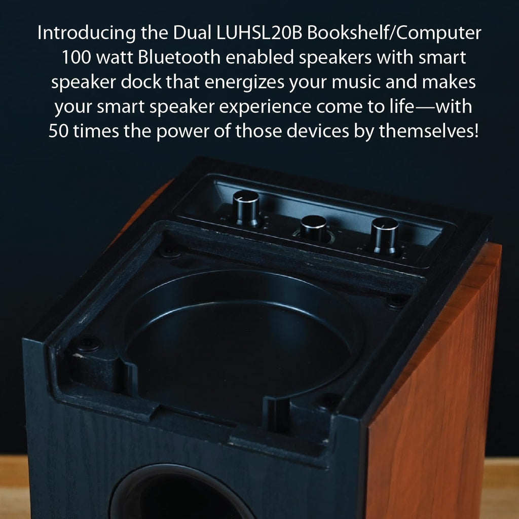 Dual Electronics LUHSL20B Cherrywood and Black 2-Way Bookshelf Speakers with Bluetooth | Home Stereo, PC | Loud & Deep Rich Bass | Wireless Remote Control | Smart Speaker Dock | Sold in Pairs
