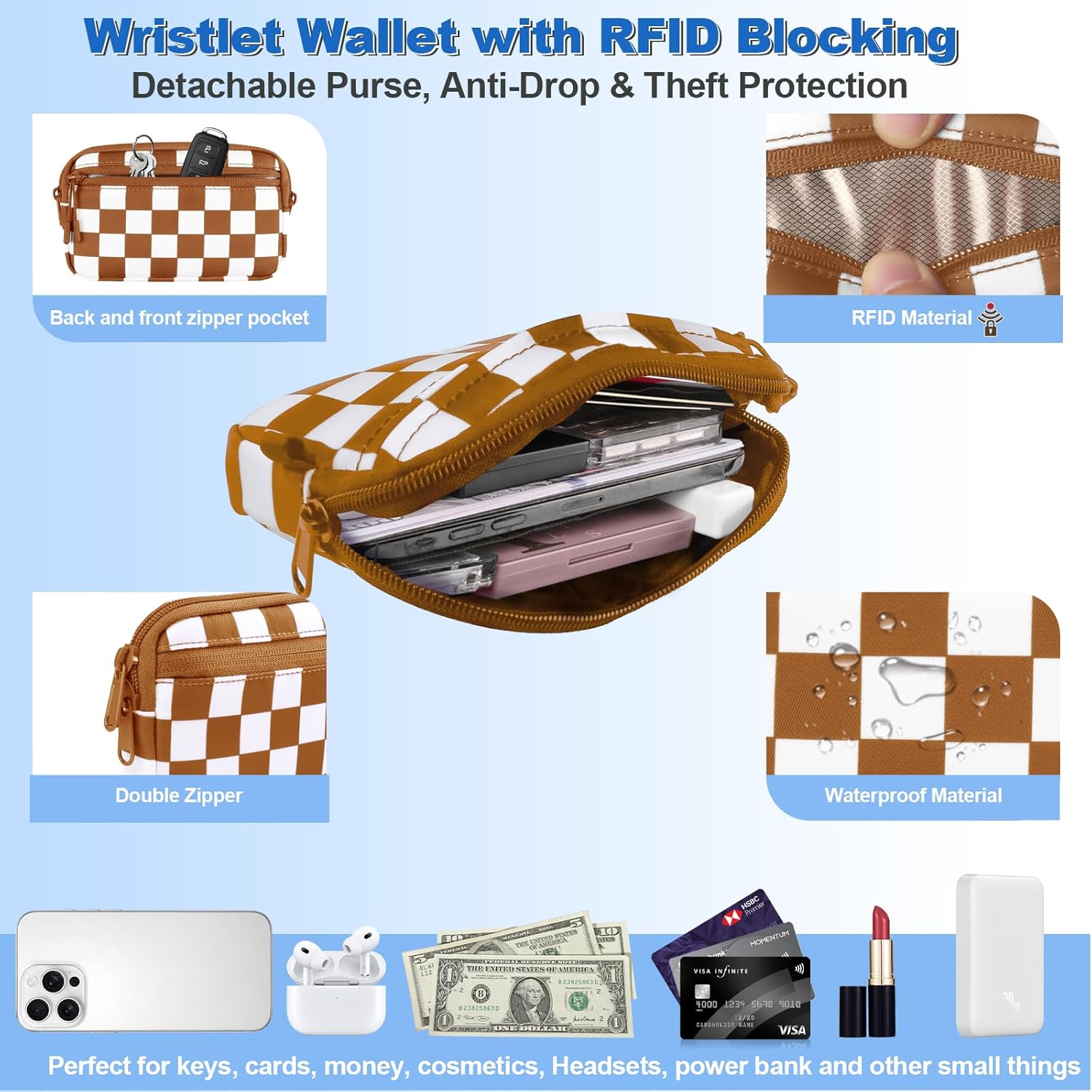 Clip and Go Strap for Phone with Wallet Crossbody, Adjustable Phone Lanyard with Detachable RFID Wristlet Wallet, Phone Strap with Phone Tabs for All Phones, Bronze Checkered (L)