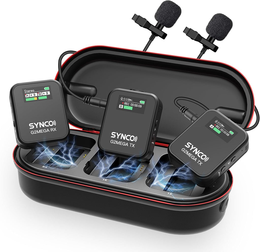 SYNCO Wireless Microphone System with Charging Case, G2A2 MEGA Dual Transmitter 8GB Storage of 24H 656ft Video Recording Streaming for Camera/Phone/PC/Laptop, Wireless-Lav-Mic-for-Camera