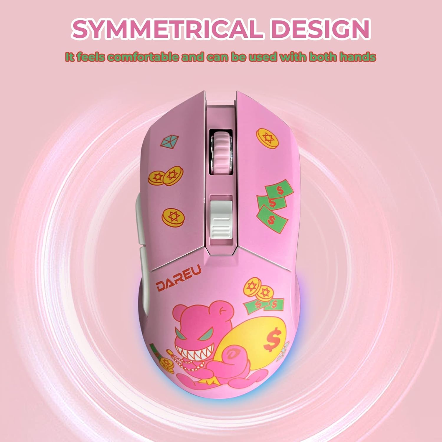 DAREU Pink Wireless Wired Gaming Mouse, Dual-Mode Rechargeable 7 Programmable Buttons,10K DPI,RGB and 7 Adjustable DPI Levels up to [150IPS] [1000Hz] for PC Notebook Mac(Lucky Bear)