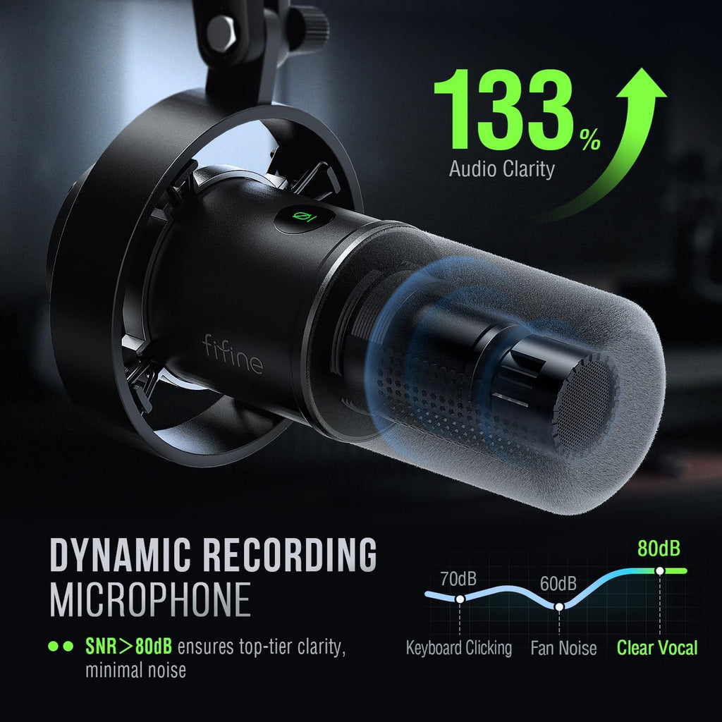 FIFINE K688 Podcast Microphone Kit, USB/XLR Dynamic Microphone with Boom Arm for PC/XLR Mixer, Gaming Mic with Mute Button, Headphone Jack for Vocal, Voice-Over, Streaming, Music Recording -K688CT