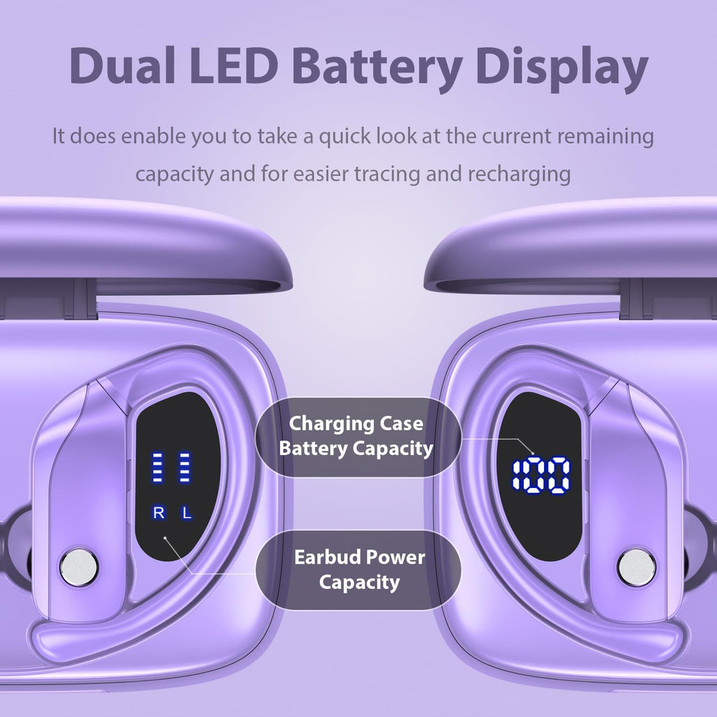 bmanl Wireless Earbuds Bluetooth Headphones 48hrs Play Back Sport Earphones with LED Display Over-Ear Buds with Earhooks Built-in Mic Headset for Workout Purple