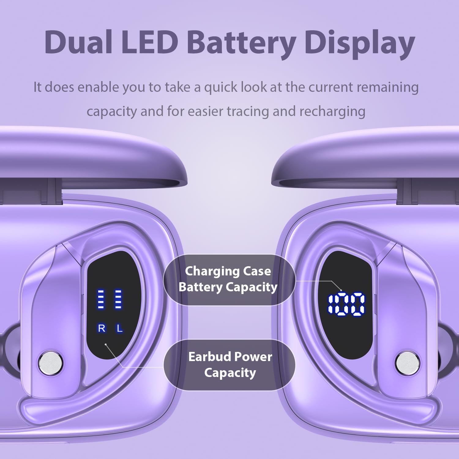 bmanl Wireless Earbuds Bluetooth Headphones 48hrs Play Back Sport Earphones with LED Display Over-Ear Buds with Earhooks Built-in Mic Headset for Workout Purple