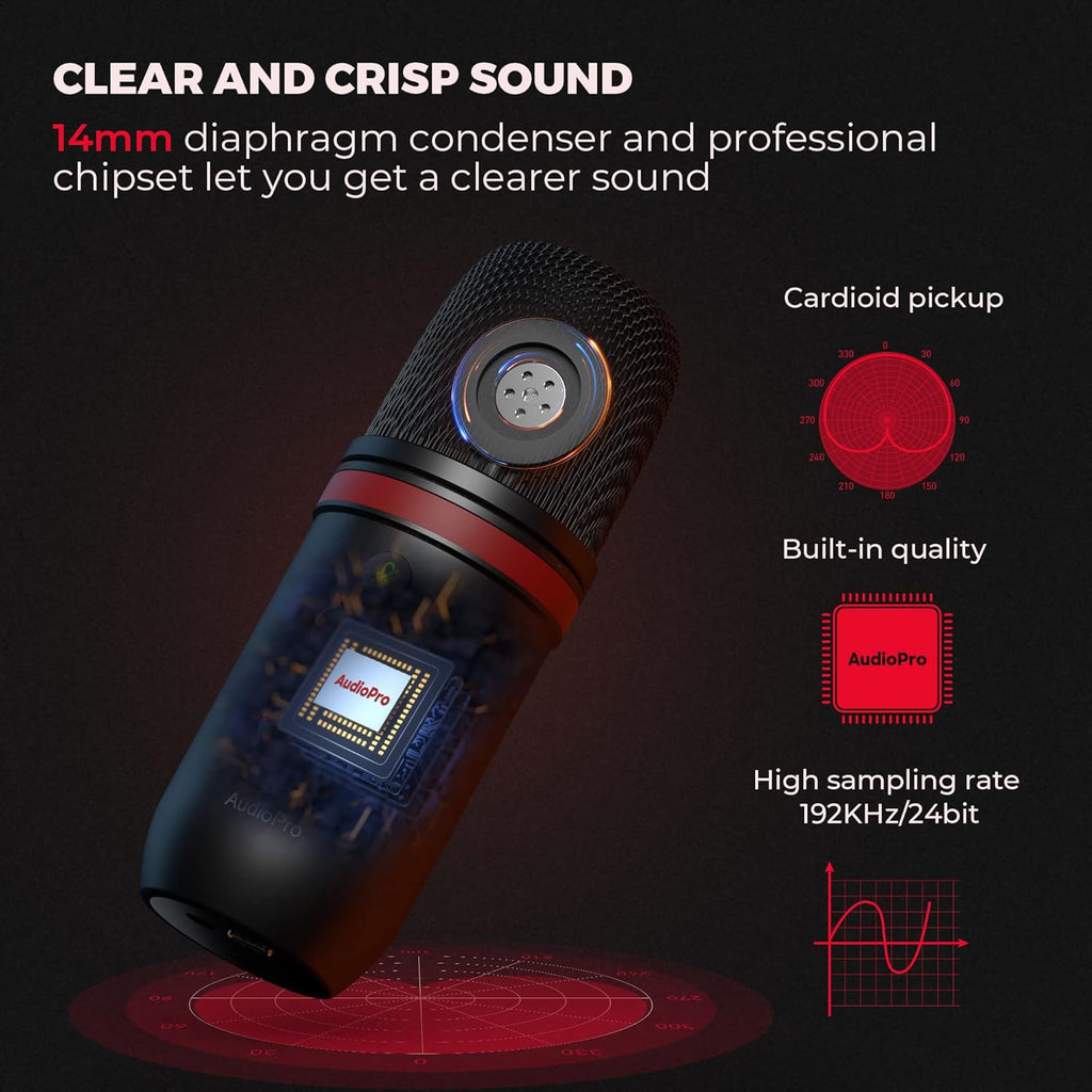 AUDIOPRO USB Microphone, Computer Condenser Gaming Mic for PC/Laptop/PS4/5, Headphone Output, Volume Control, USB Type C Plug and Play, LED Mute Button, for Streaming, Podcast, Studio Recording