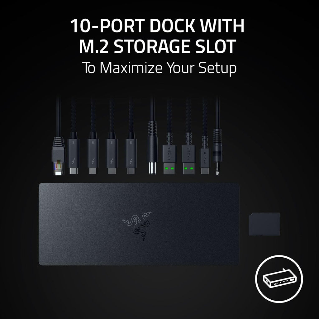 Razer Thunderbolt 5 Dock Chroma: 10 Ports w/M.2 Storage Slot - Triple 4K Displays at 144 Hz or Single 8K at 60 Hz - Thunderbolt Share Enabled - 140W Power Delivery - Connect 3 TB5 Devices - Black