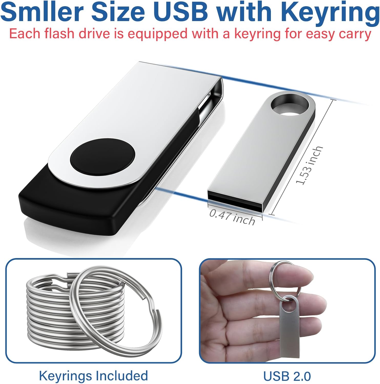 20 Pack 8GB USB Flash Drive with Keychains, Wooolken Sleek Metal USB 2.0 Thumb Drives Memory Stick for PC Laptop Computer(Sliver)