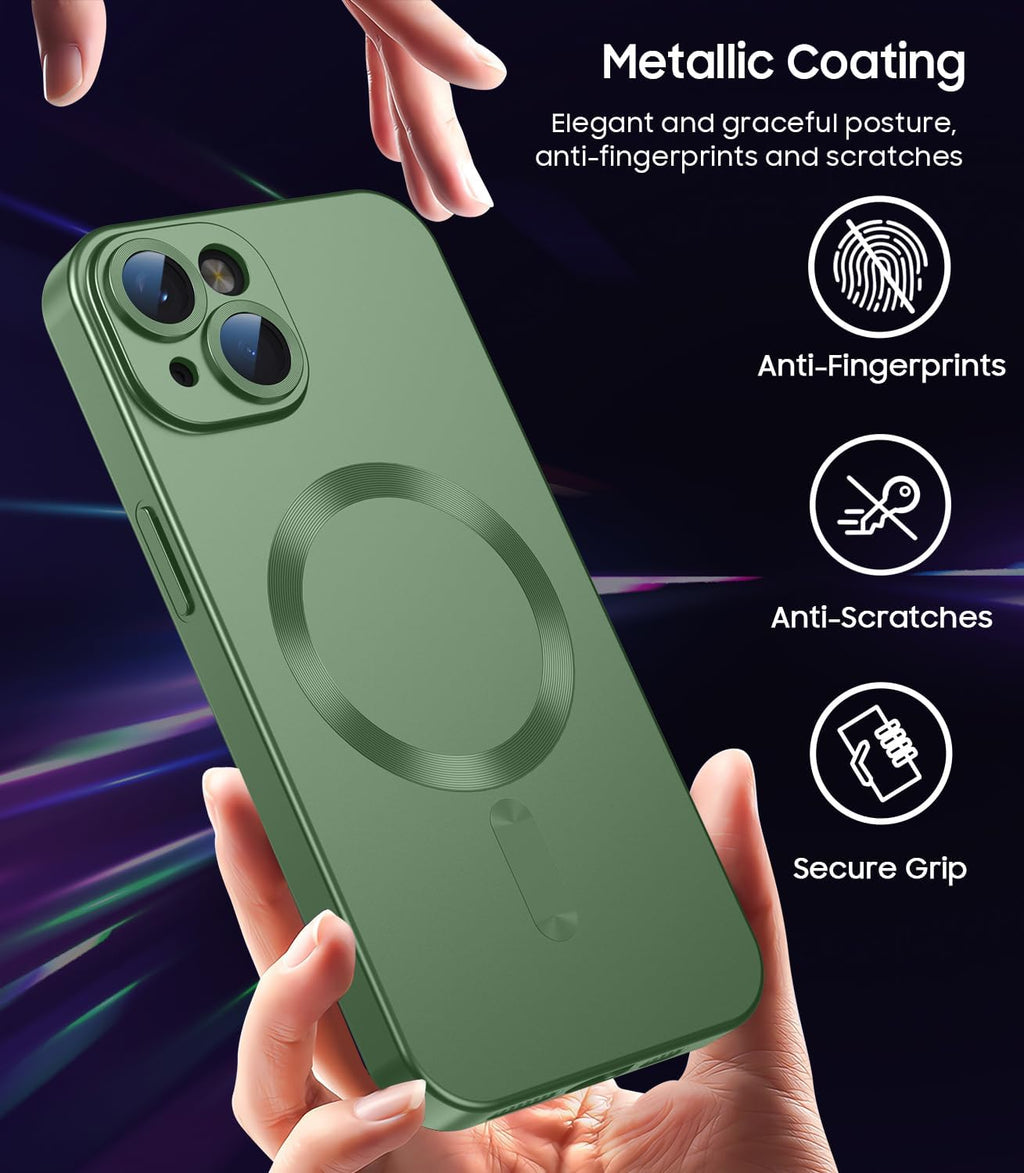 Magnetic for iPhone 14 Case [Compatible with MagSafe][Built-in Camera Lens Protector] Slim Soft Silicone Bumper Shockproof Metallic Luster Phone Case (Green)