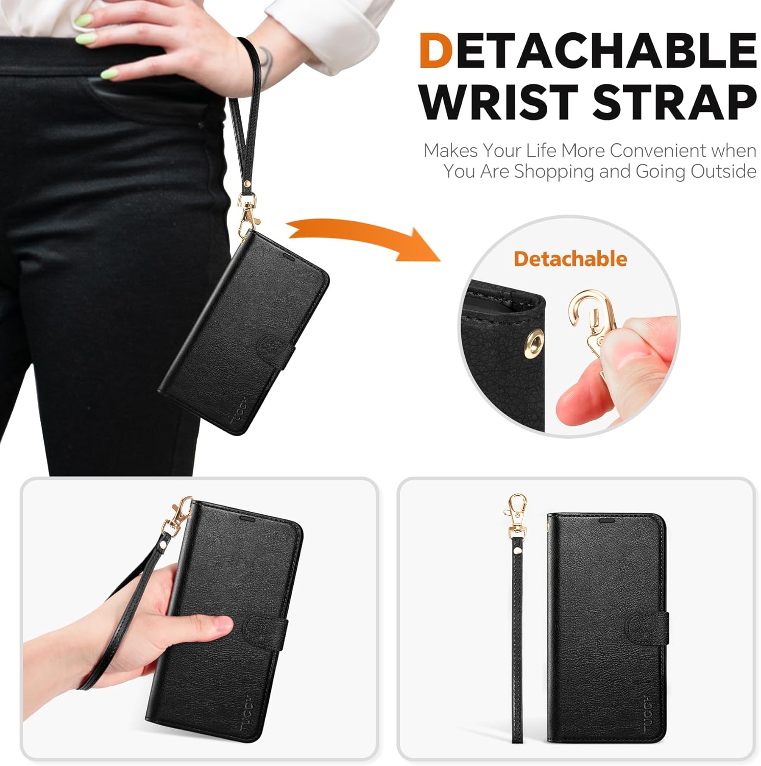 TUCCH Wallet Case for Galaxy S25 Ultra, [Removable] 2 in 1 [Wireless Charging] Wrist Strap RFID Blocking 4 Card Holders Magnetic Detachable Stand PU Leather Cover for Galaxy S25 Ultra, Textured Black
