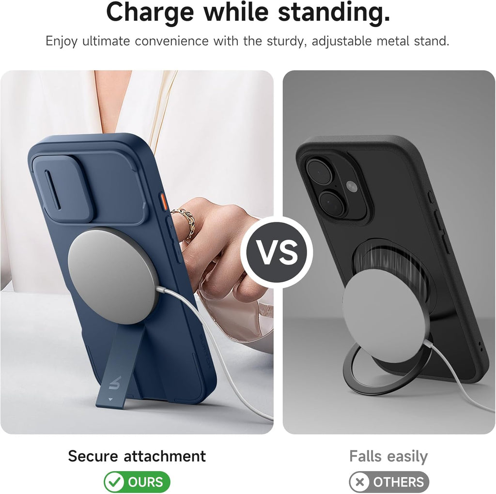SURITCH for iPhone 16 Case with Magnetic Camera Slide Cover and Adjustable Kickstand, Compatible with MagSafe, Shockproof Bumper Case Slim Protective Cover 6.1 Inch, Blue