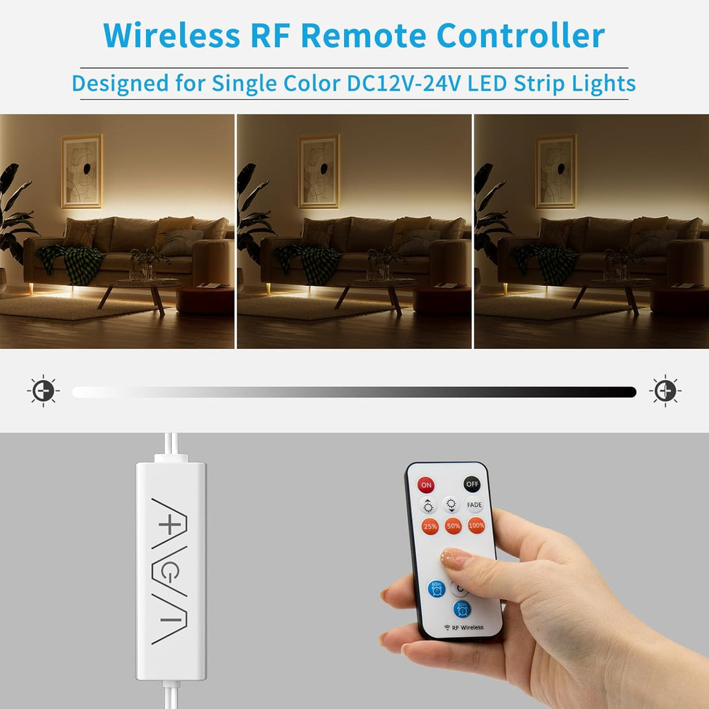 13Keys LED Dimmer, Wireless RF Remote Control and 3Keys Receiver with DC Jack RF Dimmer with Timer Function for DC12V-24V Single Color COB/3528/2835/5050 LED Strip Lights