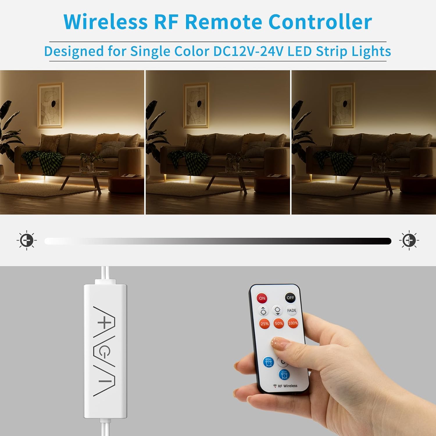13Keys LED Dimmer, Wireless RF Remote Control and 3Keys Receiver with DC Jack RF Dimmer with Timer Function for DC12V-24V Single Color COB/3528/2835/5050 LED Strip Lights