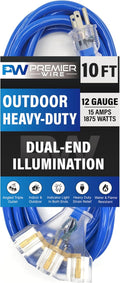 10 ft - 12 Gauge Heavy Duty Extension Cord - Lighted on Both Ends - SJTW Blue - Outdoor Extension_Cord Waterproof 10 ft by Premier Wire - 15 Amp ExtensionCord (10 Foot 12-Awg Power Cord Blue)