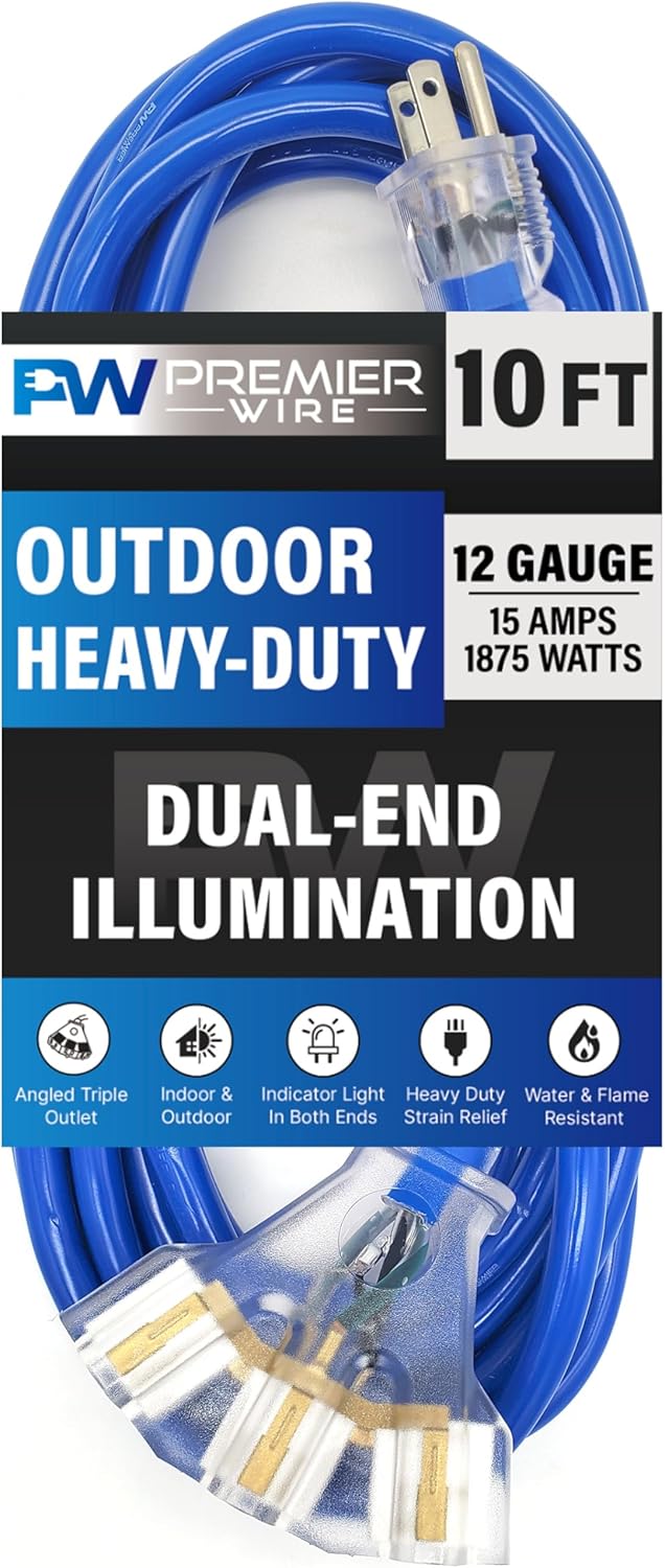 10 ft - 12 Gauge Heavy Duty Extension Cord - Lighted on Both Ends - SJTW Blue - Outdoor Extension_Cord Waterproof 10 ft by Premier Wire - 15 Amp ExtensionCord (10 Foot 12-Awg Power Cord Blue)