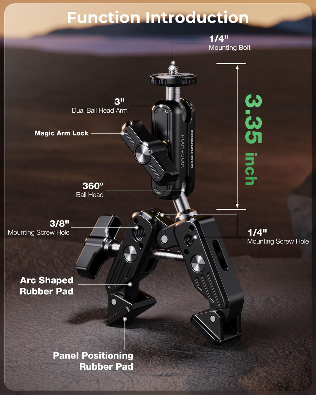 Super Clamp Camera Mount, 360° Dual Ballhead Magic Arm, 1/4"-20 & 3/8"-16 Threads, Super Clamp Kit for Phone/LED Lights/DSLR Camera/Gopro/Ronin-M/MOVI/Insta360/Tripod/Desk