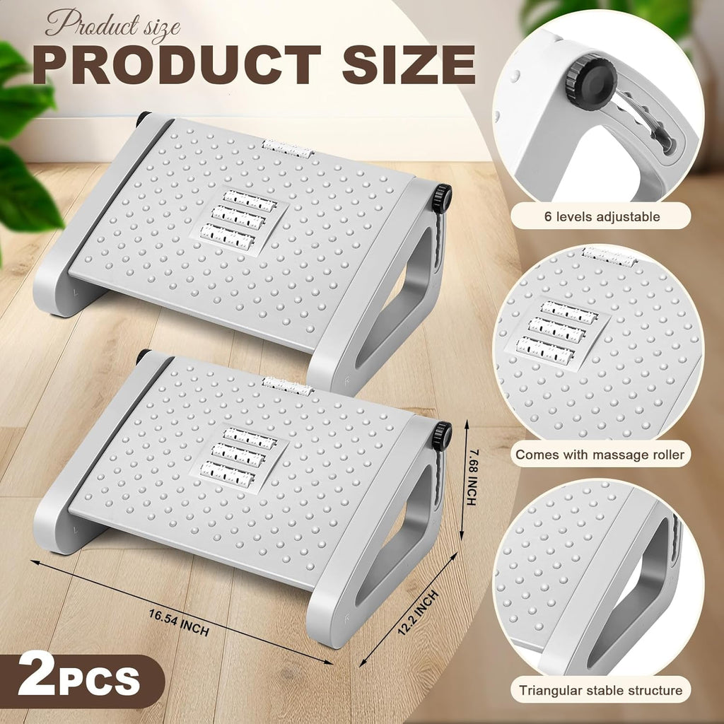 2 Pcs Foot Rest for Under Desk at Work, Ergonomic 6 Heights Adjustable Footrest with Massage Roller, Chair Footrest for Leg Rests for Office and Home Pressure Relief(Gray)