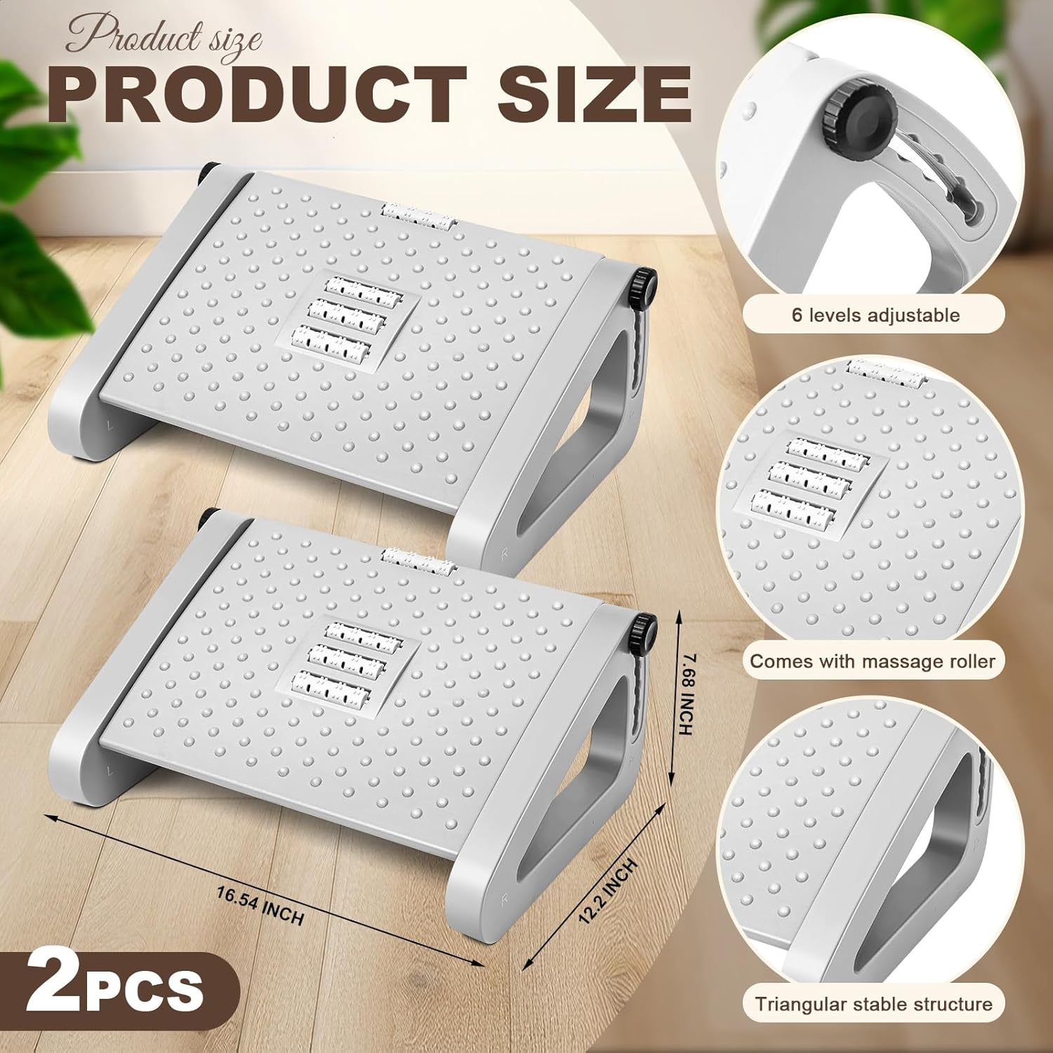 2 Pcs Foot Rest for Under Desk at Work, Ergonomic 6 Heights Adjustable Footrest with Massage Roller, Chair Footrest for Leg Rests for Office and Home Pressure Relief(Gray)