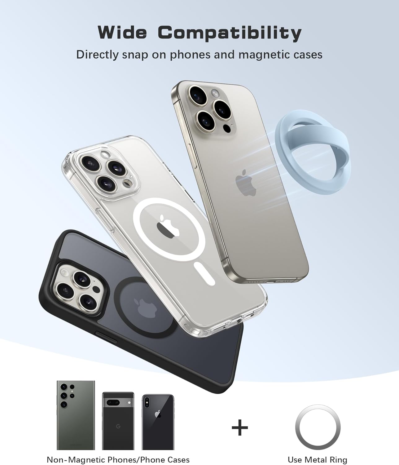 Magnetic Phone Grip, Removable Loop Grip with Soft Finger Strap, Silicone Phone Ring Holder for Back of Phone for iPhone 16/15/14/13/12 Pro Max/Plus, Blue
