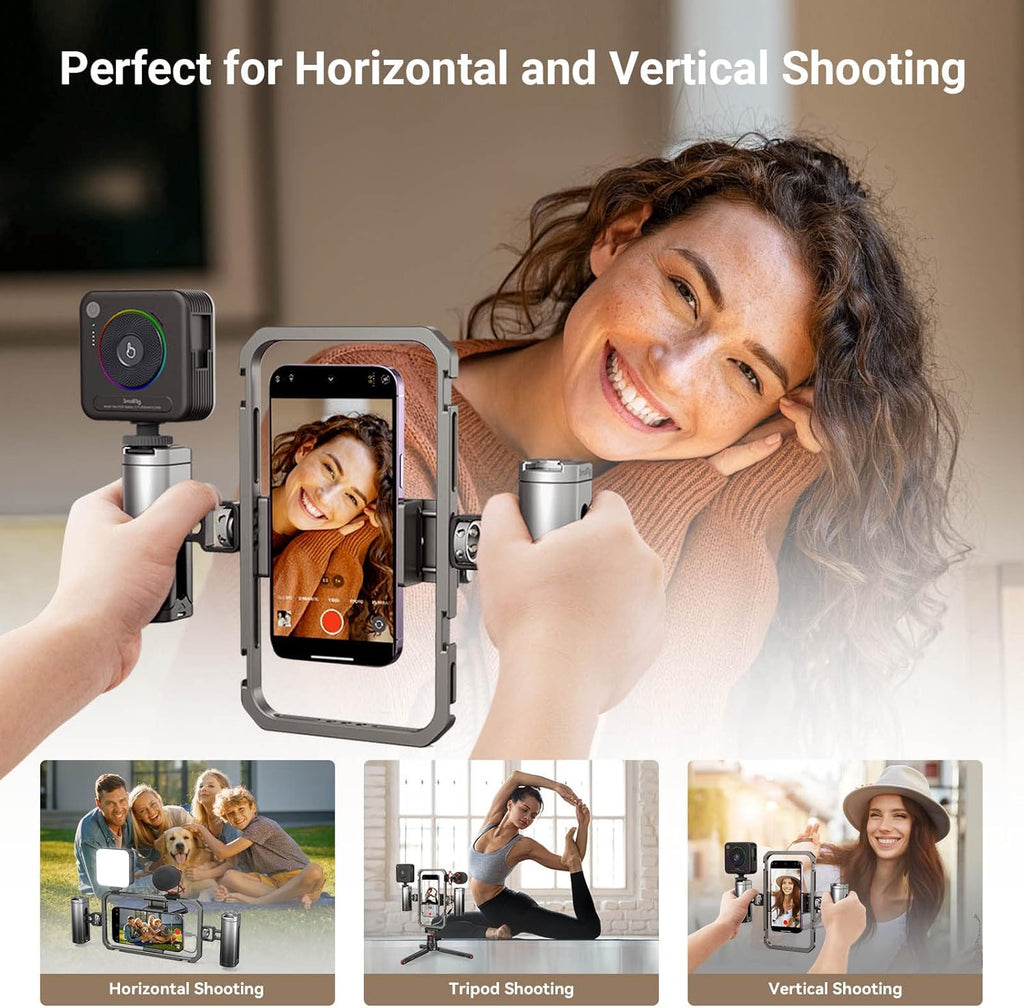 SmallRig Universal Smartphone Video Rig for iPhone 16 15 14 for Samsung, Filmmaking Vlogging Rig Aluminium Alloy Phone Video Cage Grip with Cold Shoe Mount for Videomaker Videographer