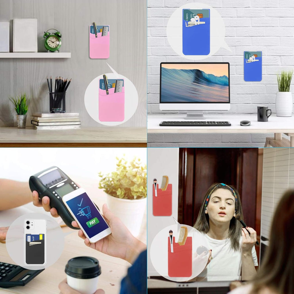 SS Phone Wallet, Phone Card Holder Pocket Pouch Stick on for Phone Cases Silicone Double Pockets Suitable for iPhone, Android, Samsung Galaxy 3 Pack