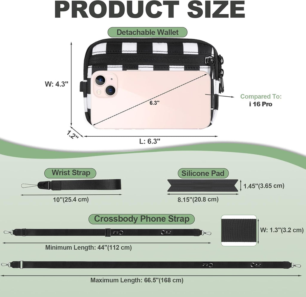 Clip and Go Strap for Phone with Wallet Crossbody, Adjustable Phone Lanyard with Detachable RFID Wristlet Wallet, Phone Strap with Phone Tabs for All Phones, Black Checkered (M)