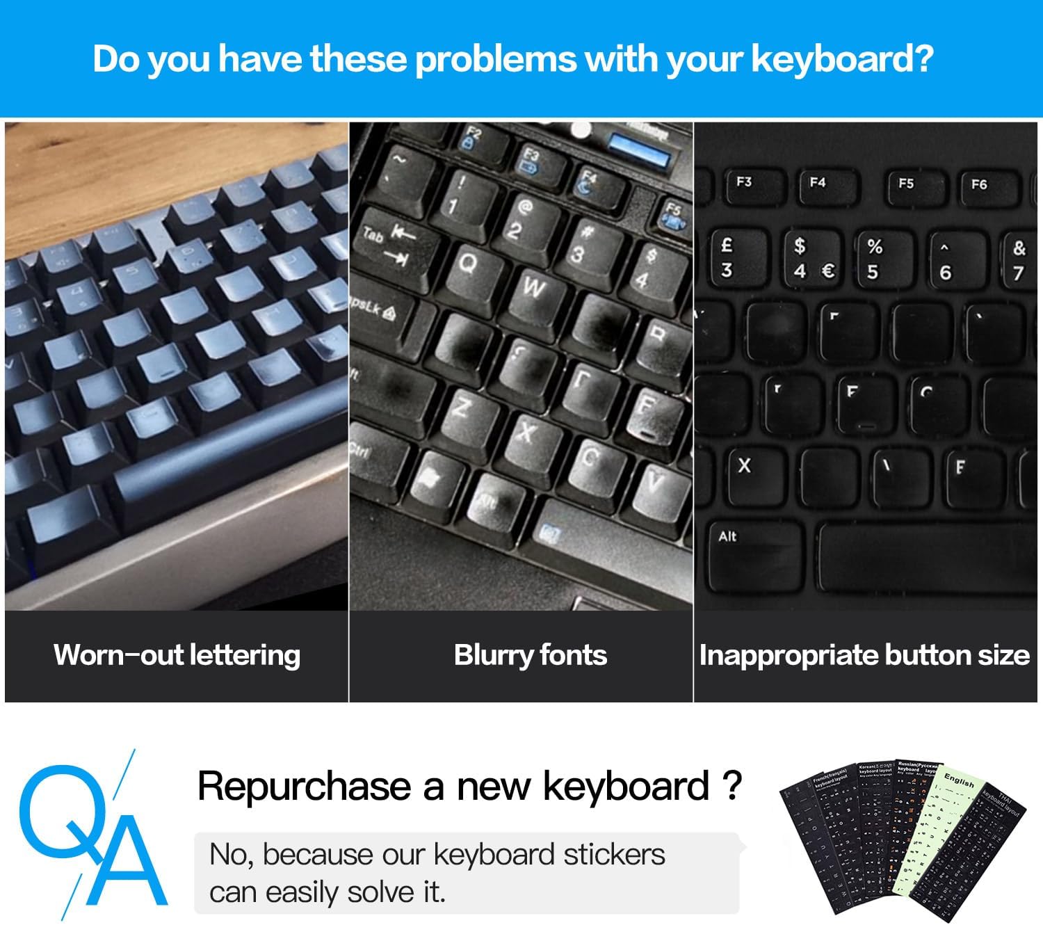 2PCS English Keyboard Letters Replacement Stickers, Large Print Bold White Font on Black Background US Keyboard Letter Stickers for Laptop Desktop Computer Keyboard Alphabet Stickers