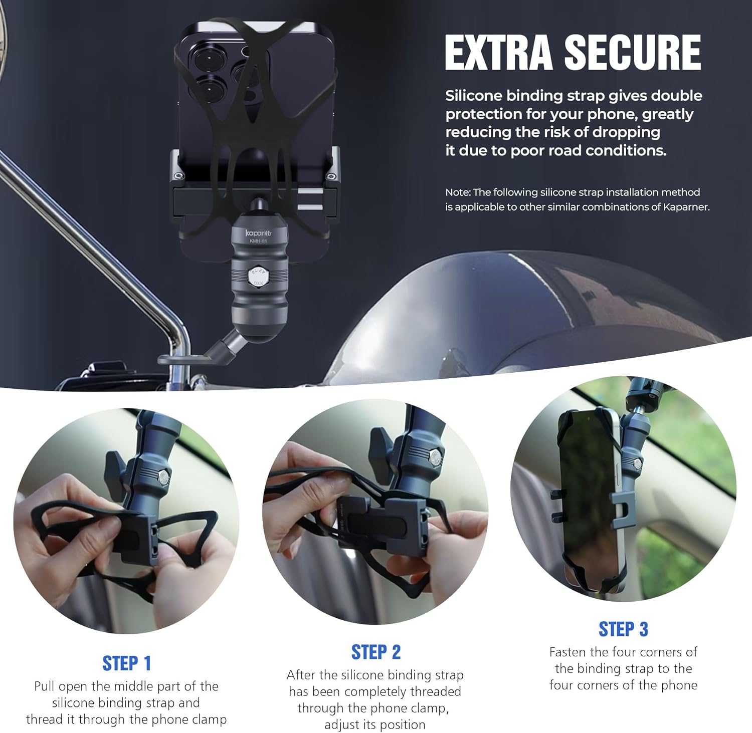 Motorcycle Phone Clip Kit, Anti-Theft Double Socket Arm/Angled Bolt-Head Adapter Ball Base for Mirrors Lever or Round Bar, Suitable for Width of 2.56-3.74" Phone (KPS-04)