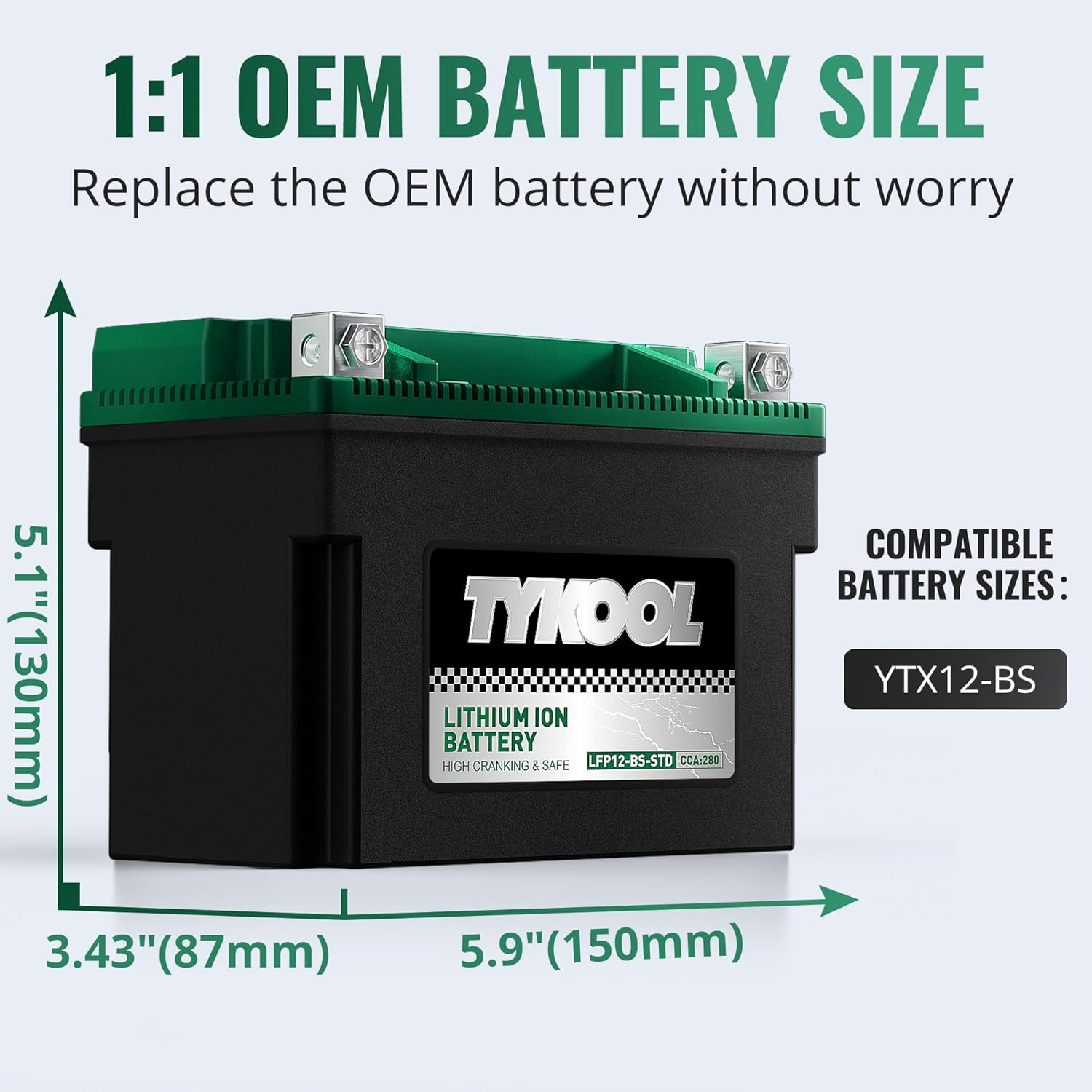 TYKOOL YTX12-BS STD LiFePO4 Lithium Motorcycle Battery,280CCA,2X Cranking Amps,Digital Readout,Compitable for BMW F850GS,Kawasaki Vulcan 900, BRP (Can-AM) DS250 ATV,Piaggio Vespa 300cc Scooter