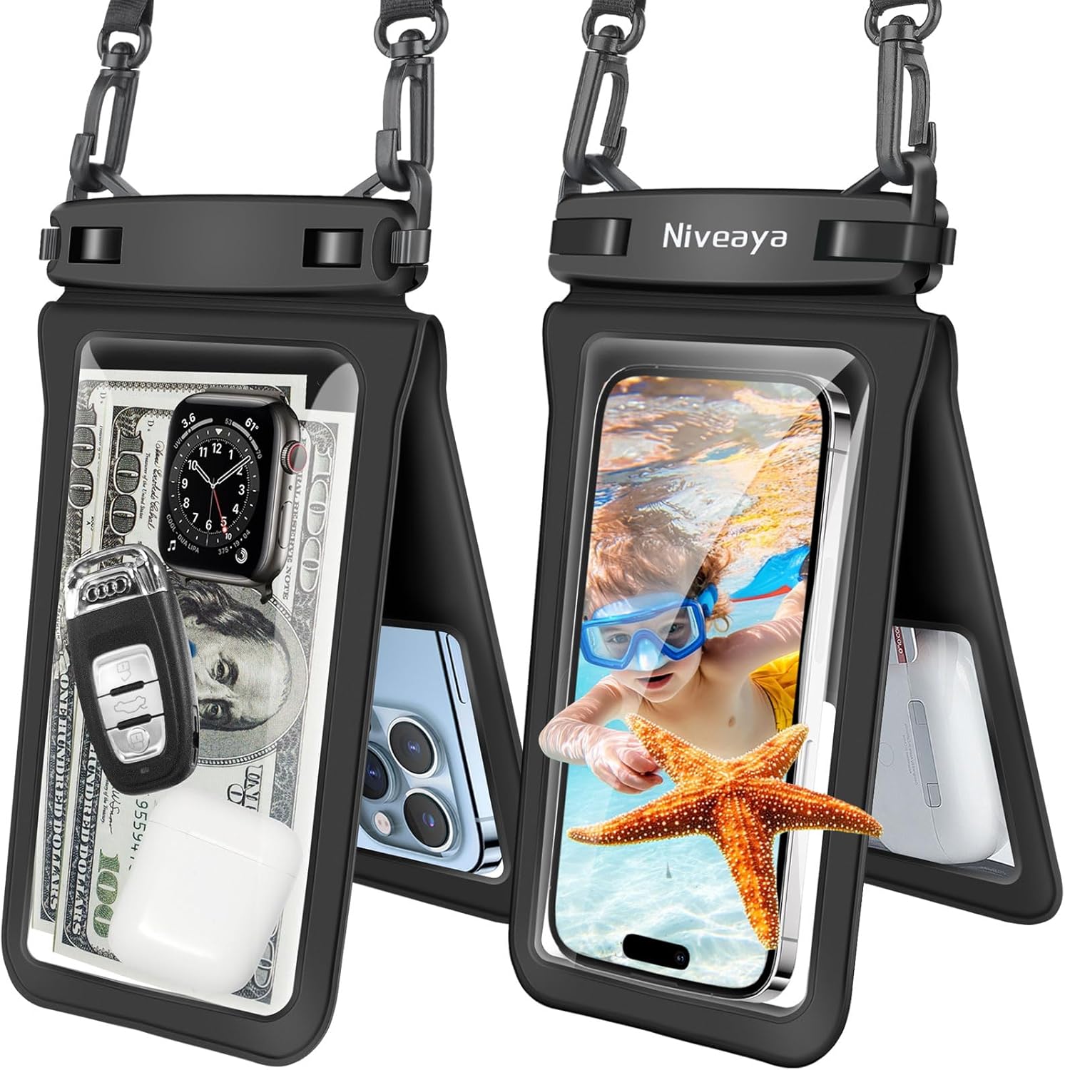 Niveaya Double Space Waterproof Phone Pouch - 2 Pack, Waterproof Phone Lanyard Case with iPhone 16/15/14/13/12 Pro Max up to 8.3", Phone Dry Bag for Vacation Beach Pool Kayak Cruise Travel Essentials