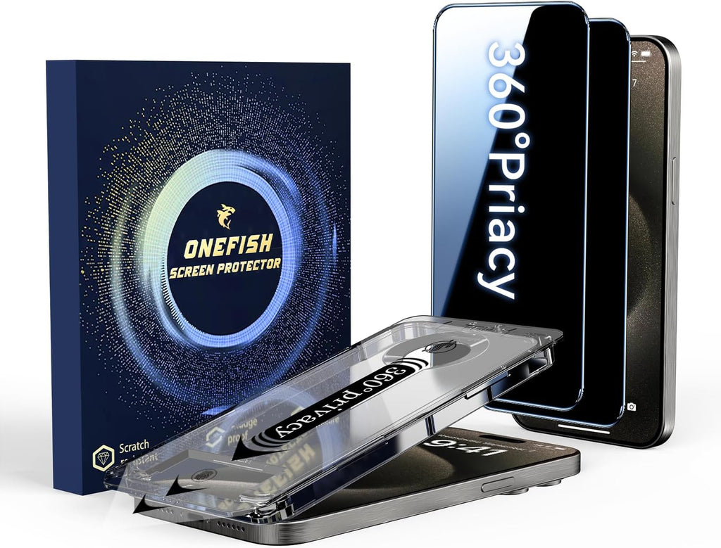 OneFish for iPhone 15 Pro Privacy Screen Protector, 4-Way 360° Anti-Spy Tempered Glass, 9H Hardness, HD Clear Anti-Fingerprint 3D Curved Edges, Case-Friendly & Easy Installation [2 Pack]