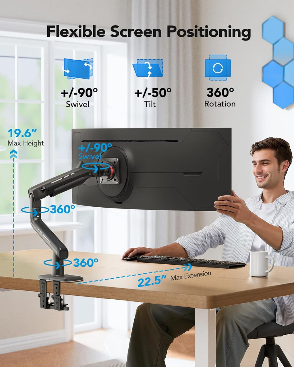 HUANUO Heavy Duty Monitor Arm for Ultrawide Screens up to 49", Holds 40 lbs,Aluminum Ultrawide Screen Desk Mount,Fully Adjustable Single Monitor Mount with C-clamp, Grommet Base, Max VESA 100x100