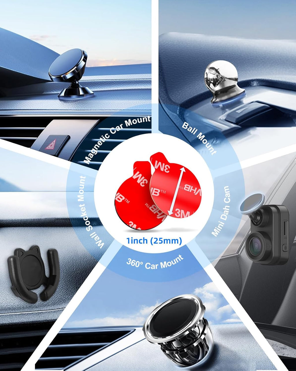 10 Pcs 3M Sticky Adhesive Pads for Car Magnetic Phone Holder, 1 inch Round VHB Double Sided Tape Replacement for Dashboard Cell Phone Mount & Mini Dash Cam Base, Strong 25mm Heat Resistant Sticker