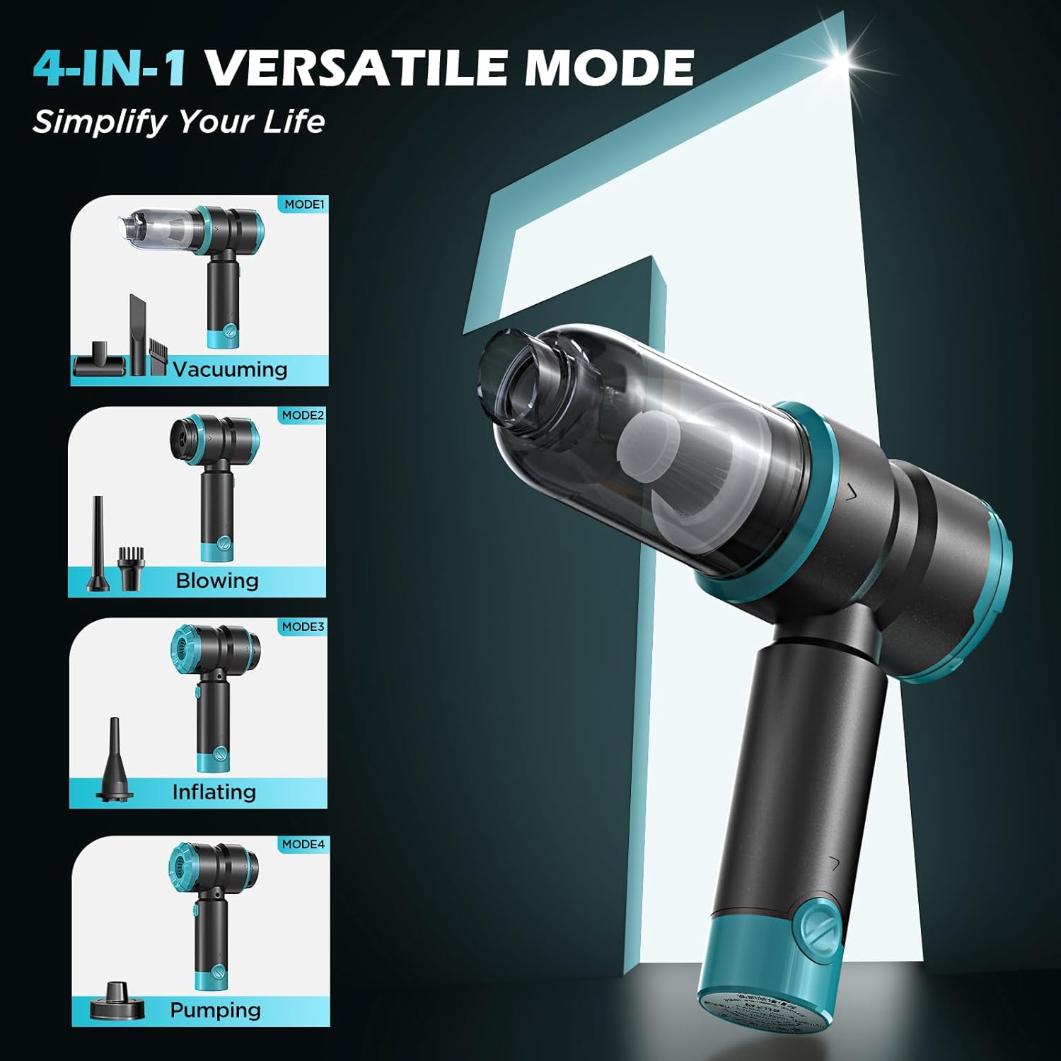 Handheld Car Vacuum with 15000PA Power, 4 in 1 Small Powerful Cordless Vacuum Cleaner & Air Duster with 2000mAh Battery, Rechargeable Portable Mini Hand Held Vacuum for Car, Home,Office,Pet Hair（Blue）