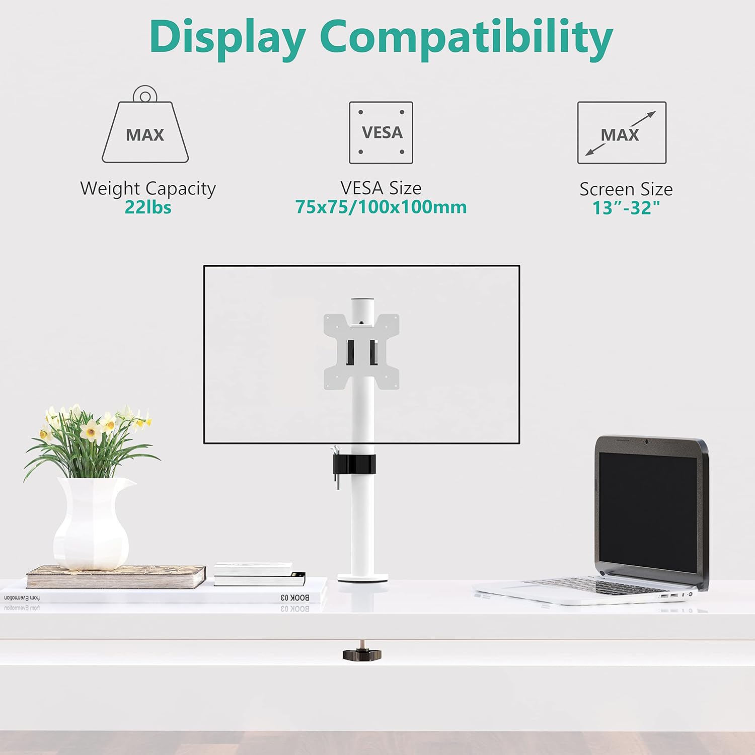 WALI Single Monitor Mount for 1 Computer Screen up to 32 inch, Fully Adjustable Monitor Arm Holds up to 22 lbs (M001S-W), White