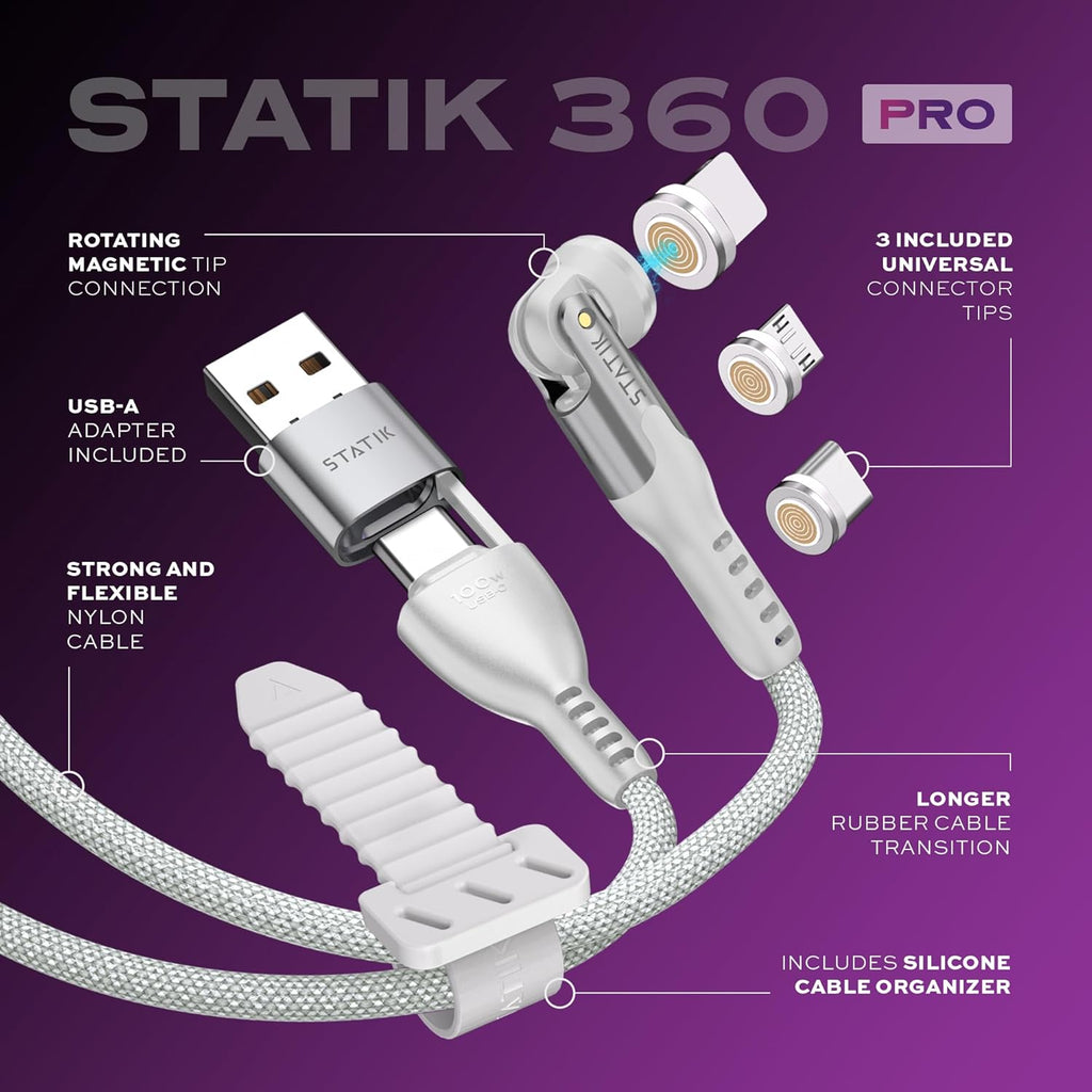 Statik 360 Pro Magnetic Charging Cable - Type C Charger Fast Charging 3 in 1 USB C to USB C Cable, Micro USB & iProduct Tips, USB A Adapter, Compatible w/All Devices - 100W Fast Charger, White 6FT/2M