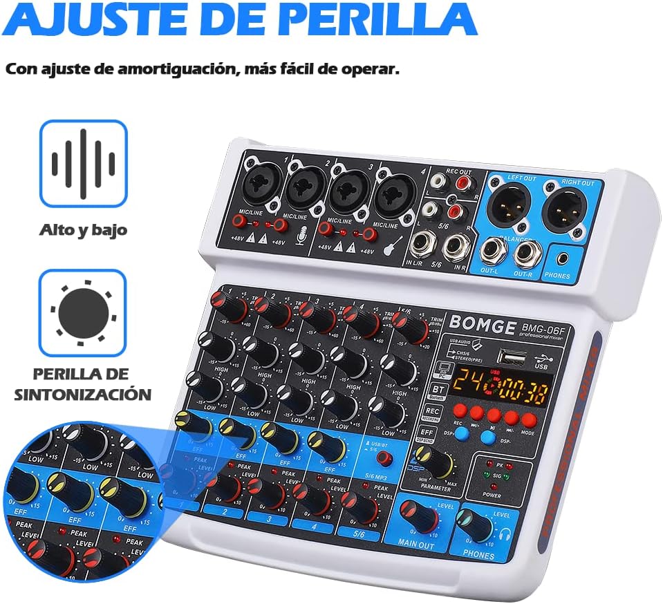 BOMGE 6 Channel mini DJ Audio sound mixer console with USB interface, Bluetooth, Stereo Recording, 48V Phantom Power, 24 DSP effects for karaoke, singing, live，streaming，pc recroding. (white)