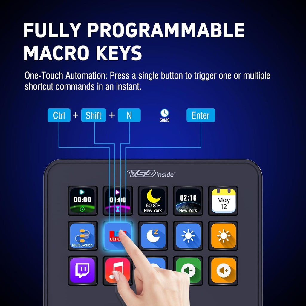 VSDINSIDE Macro Keypad, Stream Controller Deck Gaming Streaming Shortcut Keyboard, 18 Programmable Keys Customizable Visual AI Pad USB Soundboard for OBS, YouTube, Desk Office Setup, Laptop, PC, Mac