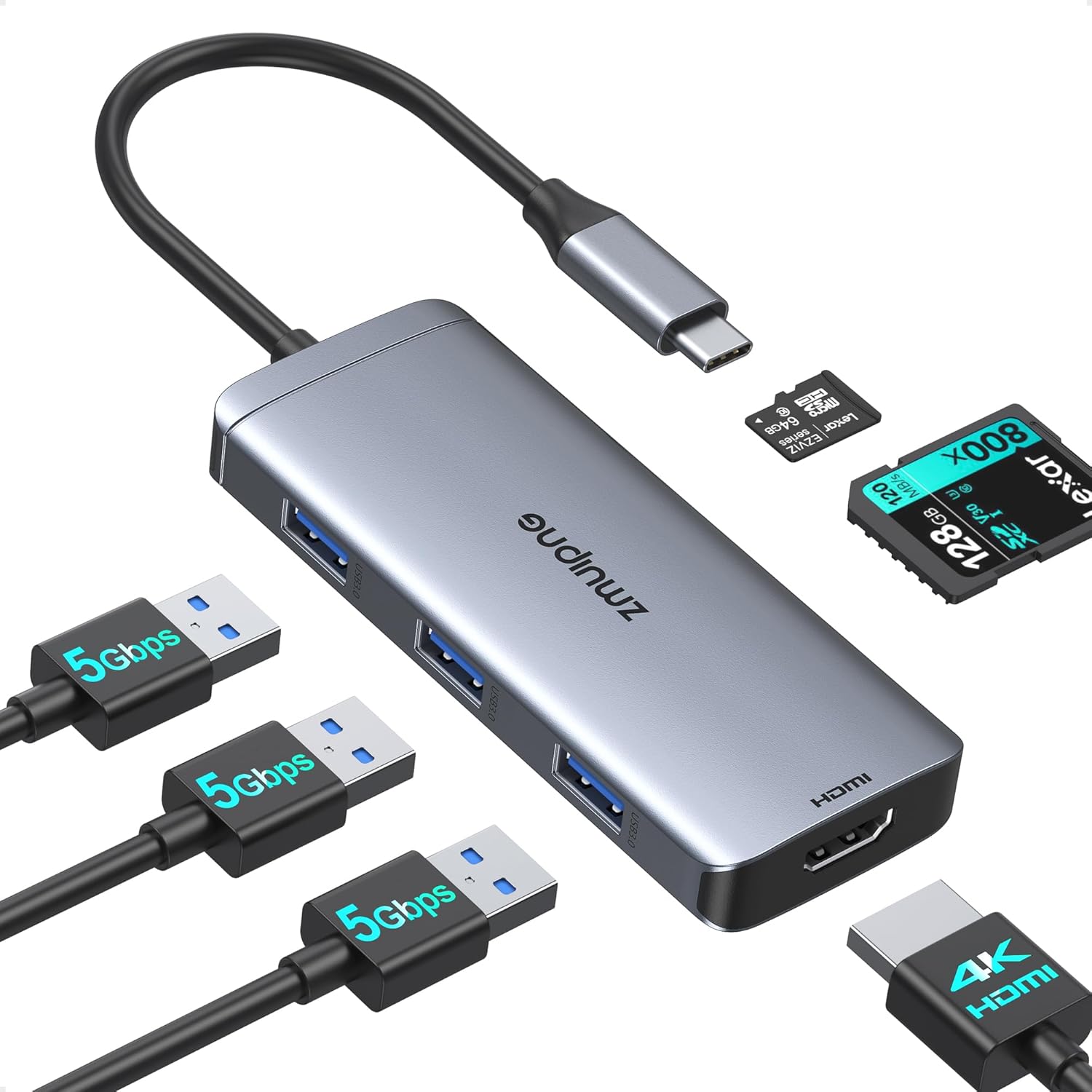 USB C Hub Adapter for MacBook Air, USB-C HD MI Dongle for MacBook Pro, 6 in 1 USBC HDMI Multiport Adapter Mac Converter with 4K HDMI, 3 USB 3.0,SD/TF for Dell XPS, HP, Surface and Other Type C Devices